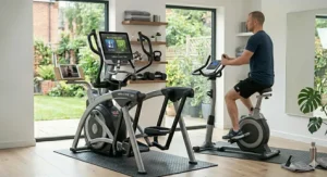 Detailed view of the padded, height-adjustable saddle that converts the elliptical into a comfortable stationary exercise bike.