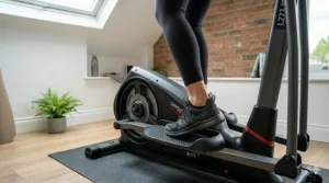 Detailed view of oversized, non-slip footplates designed for secure grip and comfort on a home cross trainer.