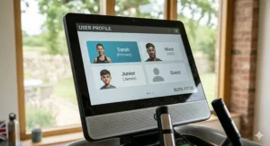 The touchscreen menu of an elliptical trainer showing multiple user profile options for a UK household.