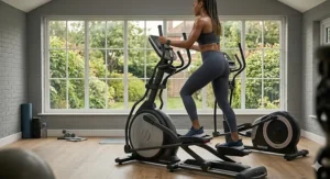 A photorealistic illustration capturing the upright posture and distinct steep vertical climbing motion of a user on a front-drive elliptical cross trainer in a British home gym.