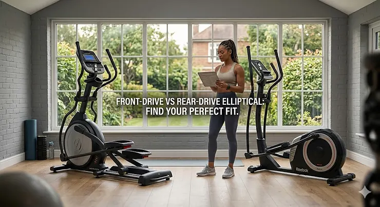 A photorealistic comparison of a front-drive and a rear-drive elliptical cross trainer in a light-filled British home gym setting, featuring a user deciding between the two models with a large garden window in the background. front drive vs rear drive elliptical