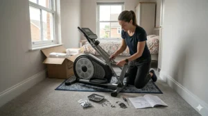 A person beginning the assembly of a rear-drive cross trainer, following a manual in a domestic UK home setting.