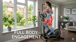 Illustration of the muscle groups engaged when using a simple cross trainer for beginners for a total body workout.