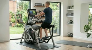 Illustration showing the muscle groups targeted when using the 2 in 1 elliptical bike combination as a standing cross trainer, including quads, glutes, and arms.