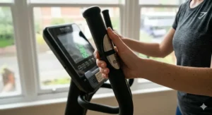 Integrated heart rate pulse sensors on the handlebars of a cross trainer for tracking cardiovascular fitness.