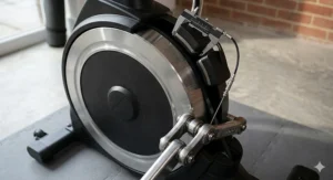 Detailed close-up of a heavy duty cross trainer flywheel and magnetic brake system, highlighting the precision-engineered metal components for smooth operation.