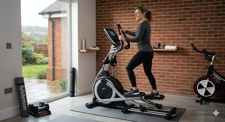 Premium heavy duty cross trainer for home use featuring a robust steel frame and digital console, situated in a modern UK home gym with red brick walls and garden view. heavy duty cross trainer home