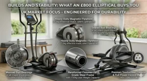Illustration of a heavy 12kg rear flywheel in an £800 machine providing better stability than a light 5kg budget version.