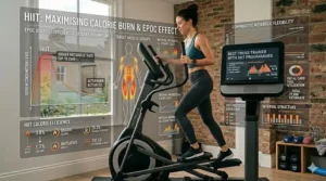 An informative overlay showing the calorie-burning and metabolic benefits of using a cross trainer with HIIT programmes.
