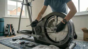 A person using a spanner to make final mechanical adjustments to the drive system of an elliptical trainer during a home installation.