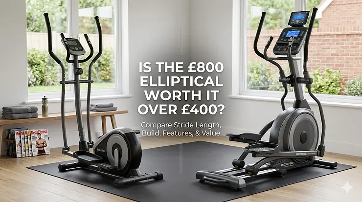 ide-by-side comparison of a £400 entry-level cross trainer and a premium £800 elliptical cross trainer for a home gym. is £800 elliptical worth it over £400