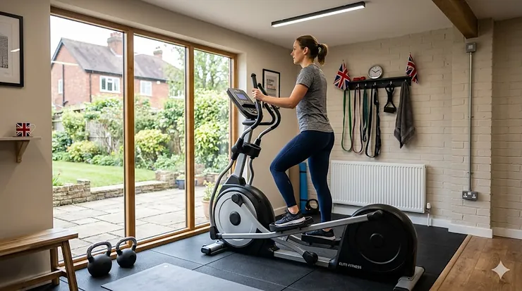 A premium light commercial elliptical cross trainer situated in a modern UK home gym studio with neutral decor and garden views. light commercial elliptical for home studio