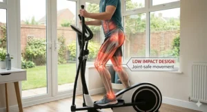 A diagrammatic overlay showing how a beginner-friendly elliptical provides a low-impact workout to protect knees and ankles during movement.