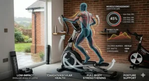 An anatomical graphic overlay on a heavy duty cross trainer showing muscle engagement and the benefits of a low-impact, full-body home workout.