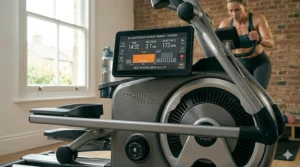 Detailed view of the mechanical flywheel and HIIT interval progress tracking on a high-end cross trainer.