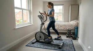 A woman testing the stride and motion of a silver and black elliptical trainer positioned on a rug in a spare room.