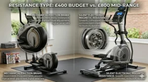 Infographic explaining silent electronic magnetic resistance found in £800 models compared to mechanical friction.