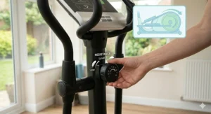 A close-up of an intuitive resistance dial on the easiest elliptical for complete beginners, showing simple level adjustments.