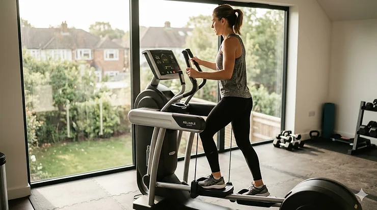 A photorealistic photograph of a woman exercising on a premium cross trainer in a modern British home gym with natural light and a view of a suburban garden. most reliable cross trainers