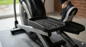 Close-up of an oversized, textured non-slip foot pedal on a heavy duty home cross trainer, designed for stability and grip during intense exercise.