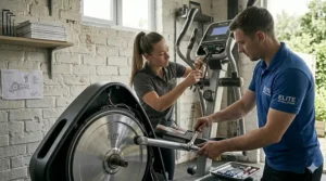 A light commercial elliptical being professionally assembled and installed by technicians in a British home gym.