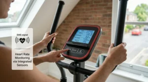 Close-up of integrated hand-pulse sensors on the handlebars for heart rate monitoring with a digital overlay.