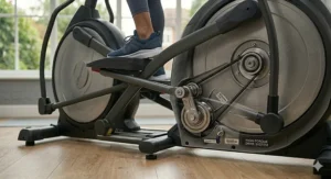 A detailed photorealistic illustration focusing on the articulating footplates of a Reebok rear-drive elliptical cross trainer, highlighting the multi-joint movement and heel-down stride.