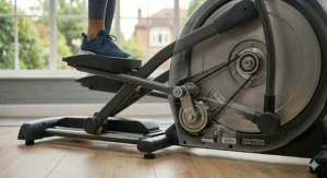 A detailed close-up illustration of the rear-drive mechanism of a Reebok elliptical cross trainer, showing the internal poly-v drive belt, tensioner pulleys, and crank articulation.