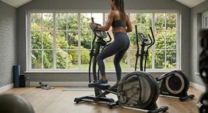 A photorealistic illustration capturing the biomechanically efficient, upright posture and distinct, linear, heel-down running stride path of a user on a rear-drive Reebok elliptical cross trainer.