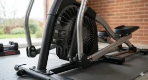 High-detail view of the reinforced tubular steel frame and drive housing of a heavy duty cross trainer, showing robust welds and industrial-grade bolts.