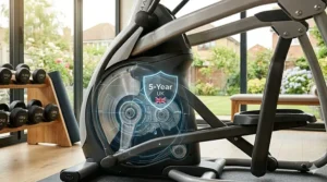 A technical visual showing the internal mechanics of a cross trainer featuring a 5-year UK warranty seal and Union Jack icon for local support.