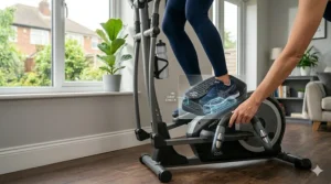 Non-slip pedals and secure hand grips on a simple cross trainer for beginners to ensure a safe home workout.
