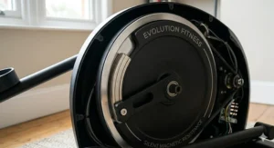 Internal view of a silent magnetic resistance system on a cross trainer designed for UK flat living.