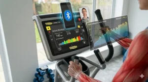 A smartphone synced via Bluetooth to a programmable cross trainer to track fitness data and workout history.