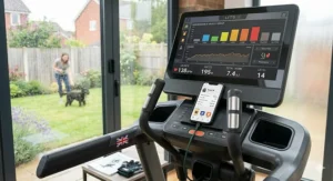 Alt text for image 4: A smartphone synced to a cross trainer console, displaying a fitness programme next to a view of a typical British garden.