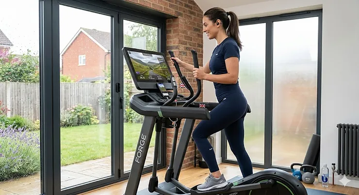 Alt text for image 1: A woman using a premium smart cross trainer with fitness apps in a modern, light-filled British home gym with garden views. smart cross trainer with apps