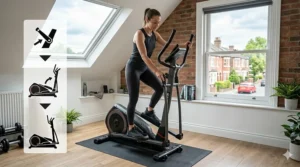 Illustration showing a foldable cross trainer for a small British home, featuring diagram icons for easy storage.