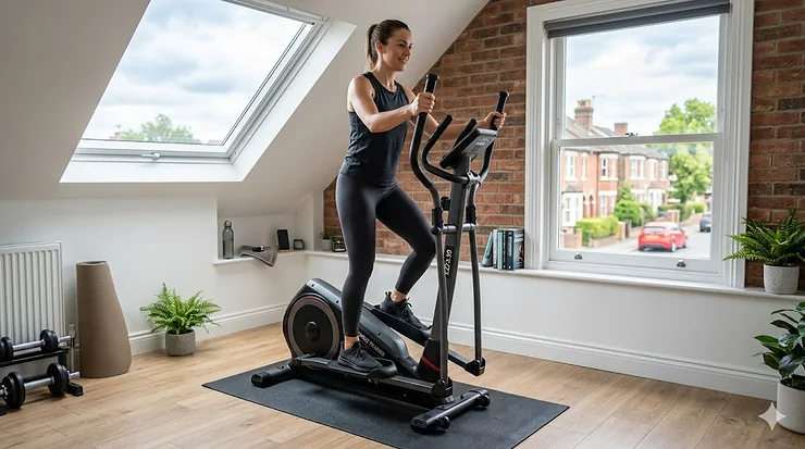 A sleek, compact standard cross trainer under £300 positioned in a modern UK loft conversion home gym with natural light. standard cross trainer under £300
