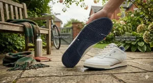 A photorealistic technical illustration presenting a breakdown of a classic cross trainer, featuring an upturned sole that highlights its navy blue non-marking rubber outsole and traction pattern for grip in natural daylight.