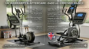 Visual breakdown of a standard 1-year UK warranty versus a 3-year parts and labour guarantee on premium machines.