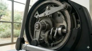 Photorealistic 4K close-up highlighting the lubricated steel gear teeth and drive links within the internal mechanism of the cross trainer.