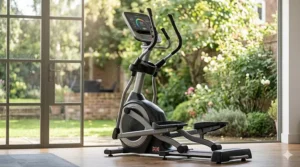 Detailed technical render of the 3D motion cross trainer, highlighting the full machine structure against a soft-focus British garden backdrop.