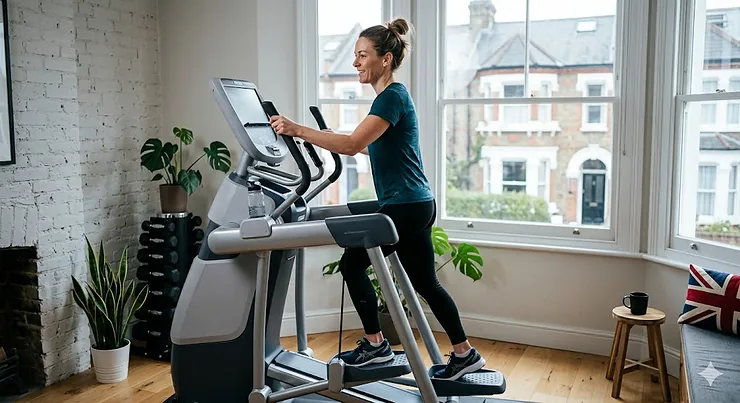 A person using an adaptive motion trainer in a home gym to perform a total-body cardiovascular workout.