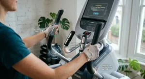 Focused view of the stable handrails and safety sensors on an adaptive motion trainer designed for all fitness levels.
