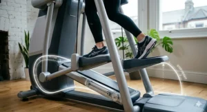 Close-up of foot pedals on an adaptive motion trainer showing the adjustable stride length and height settings.