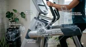 User gripping the moving handlebars of an adaptive motion trainer for a coordinated upper and lower body workout.