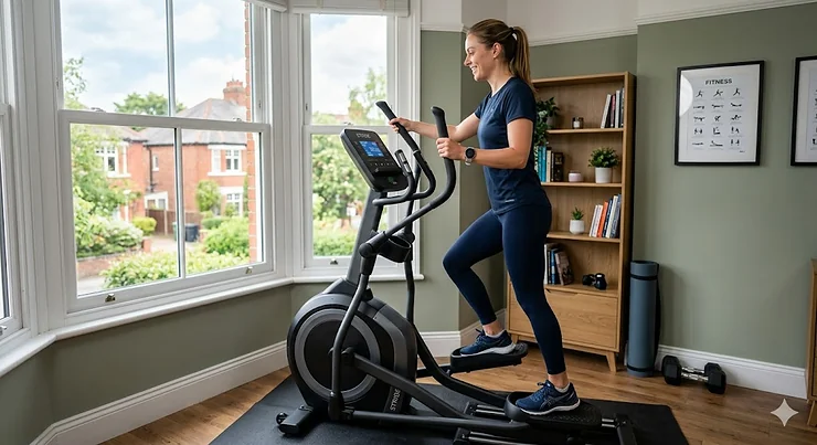Person using an adaptive stride trainer for a low-impact home workout.