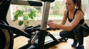 Person demonstrating the adjustable stride length feature on an advanced motion cross trainer.