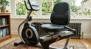 Detailed view of the adjustable swivel seat on a recumbent cross trainer for easy accessibility.
