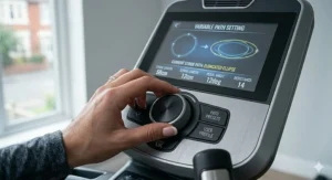 Close-up of a digital console adjusting settings on a variable path elliptical machine.